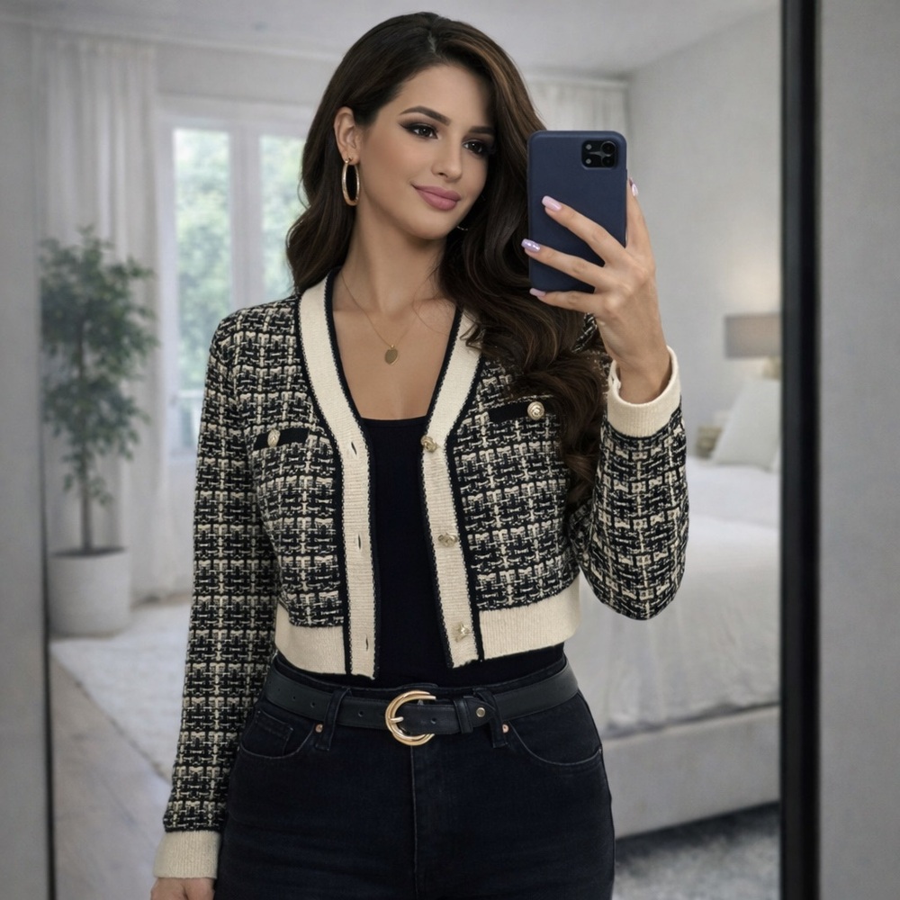 Chic Black and Cream Tweed Cardigan